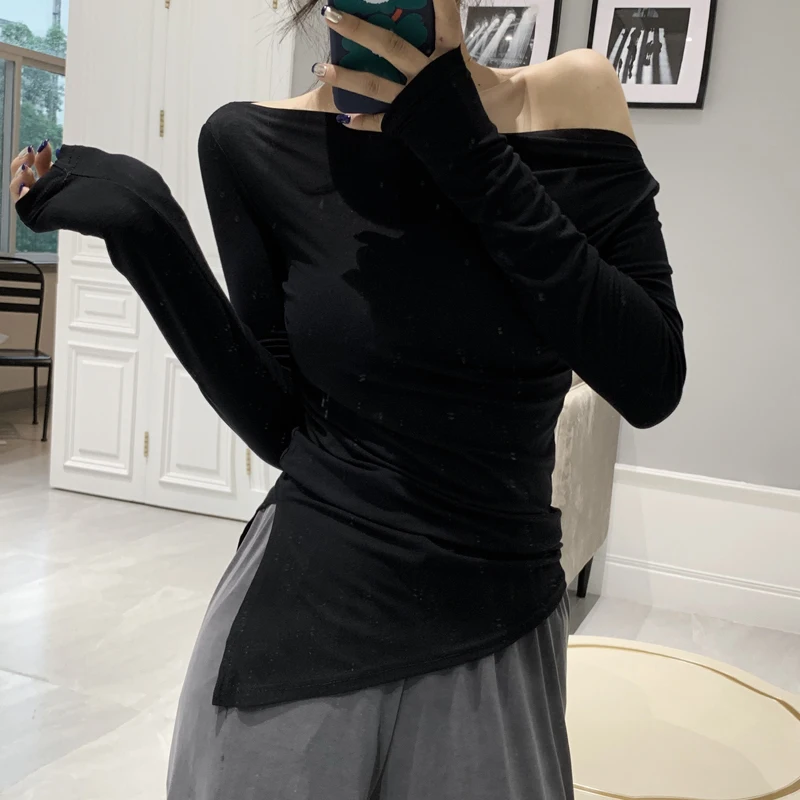 

Off Shoulder T Shirt Woman Backless Sexy Tops Women T-Shirt Long Sleeve Korean Style Slim Elasticity Womens Clothing 2021 Summer