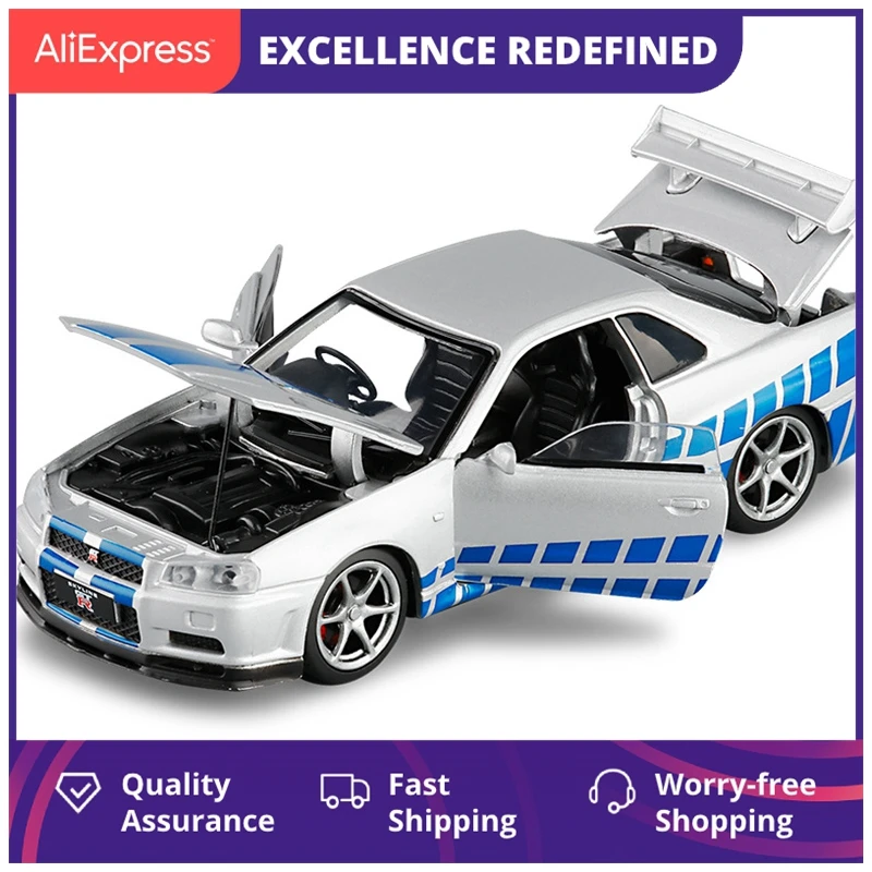 

Модель модели автомобилей 1/32 1/36 GTR SKYLINE R34, детские игрушки из сплава, Подлинная лицензия, подарок, акусто-оптический
