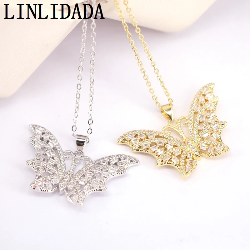 

Подвески в виде бабочек золотого/серебряного цвета, блестящие подвески в виде бабочек с фианитами, изящные подвески, ожерелье, 5 шт.