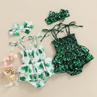 st patricks day baby girls clothing sleeveless square neck clover print button toddler casual kid loose bodysuit bow headband
