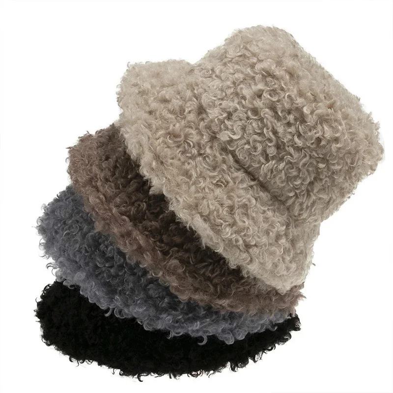 New Outdoor Warm Lamb Faux Fur Bucket Hat Black Solid Fluffy Fishing Cap Fisherman Women Winter