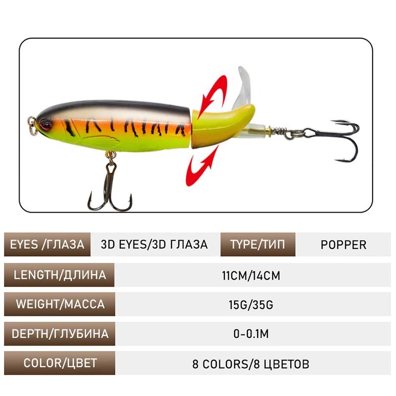 

AIOUTE 1pcs Quality Whopper Plopper 11cm/15g Top Water Popper Fishing Lure Hard Bait Wobblers Rotating Soft Tail Fishing Tackle
