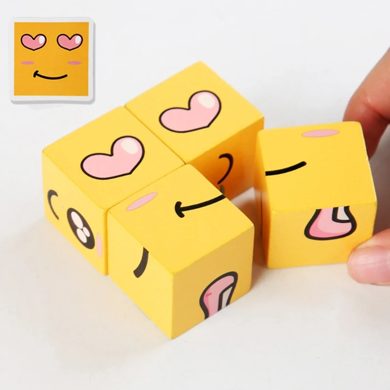 

1Set Montessori Emotional Matching Puzzle Face Changing Cube Tangram Wooden Puzzle with Box Early Learning Gift for Kid