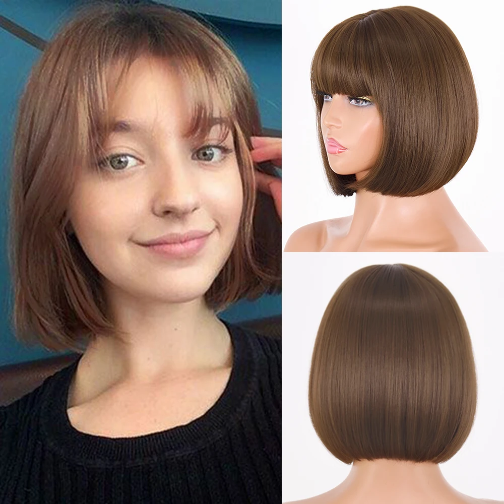 

Short Honey Brown Bob Wig With Bangs For Girl Synthetic Natural/Cool brown/Black/caramel colour/Chocolate color Wig for