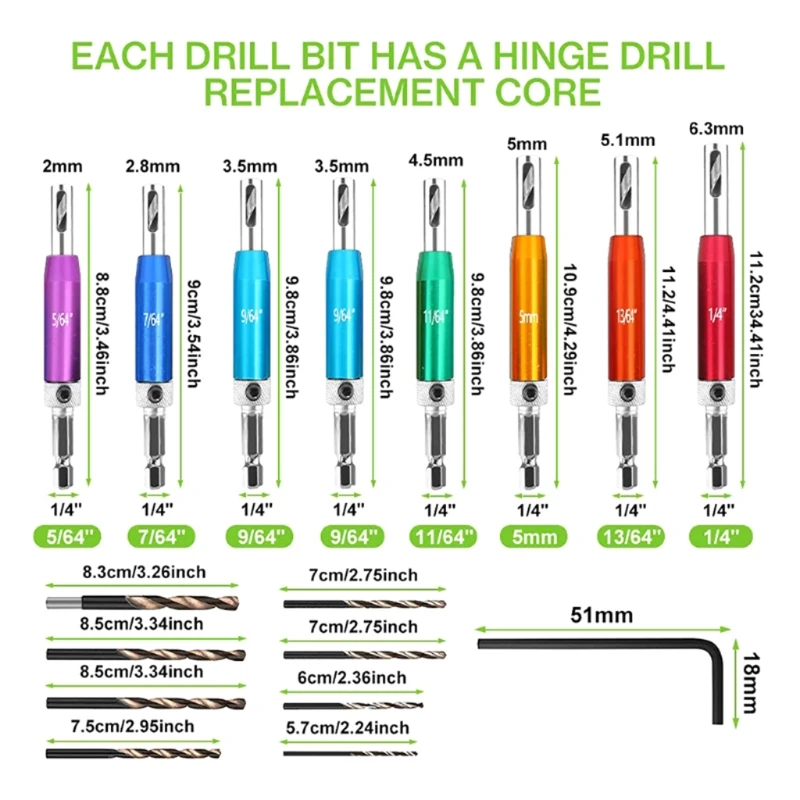 

N0HB 17 Pieces Colorful Self Center Hinge Drill Bit Hex Key High Quality Steel Drill Bits with High Hardness Woodworking Tool