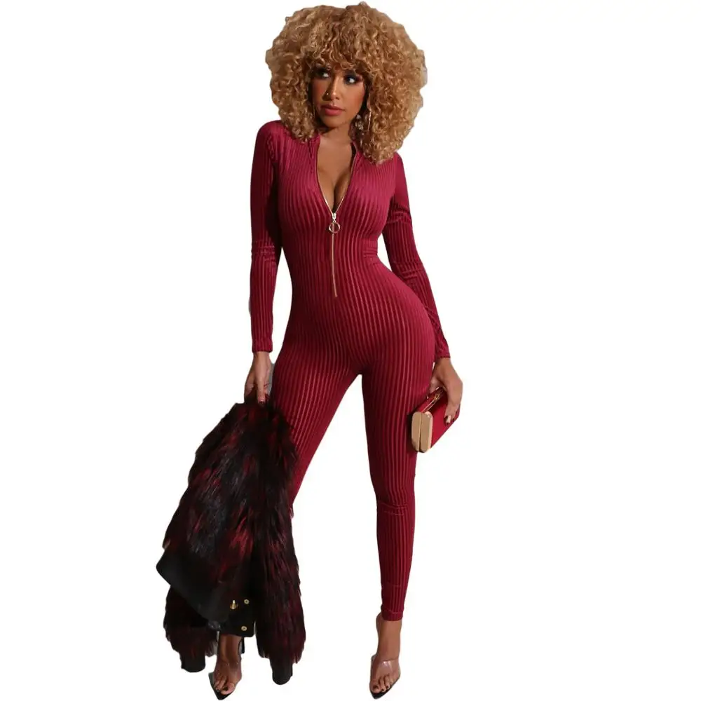 Autumn Winter Women Jumpsuits V-Neck Zipper Full Sleeve Sexy Rompers Night Club Party Outfits Casual Bandage One Piece | Женская одежда
