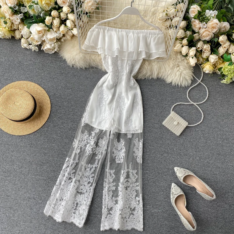 

Bodysuit 2020 Summer Ruffles Solid Lace Elegant Jumpsuit Women Off Shoulder Sexy High Waist Playsuit Korean