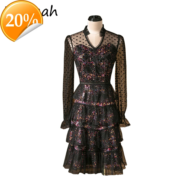 

Women Summer Fashion Landing runway Party A-Line Dress Paillettes Tip Shoes Flare Shirt Elegant Bodycon Women Midi