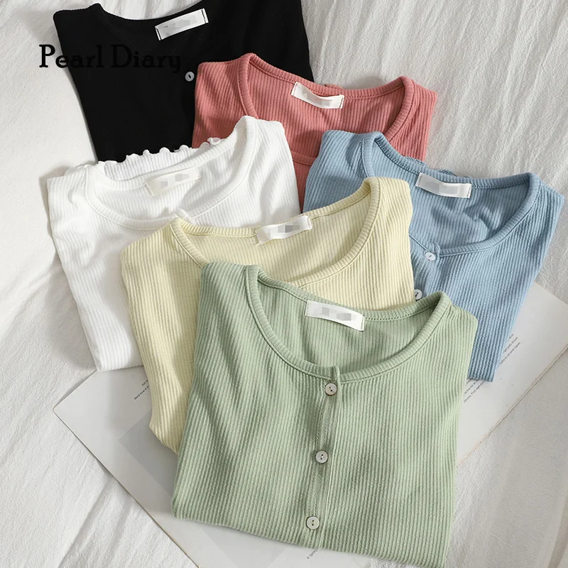 

Pearl Diary Women Rib Cardigans Round Neck Buttons Front Short Sleeve Solid Color Blouse Summer Lettuce Edge Korean Style Tops