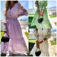 donsignet fashion womens dress summer casual v neck hedging polka dot printing sexy high waist chiffon ruffled dress