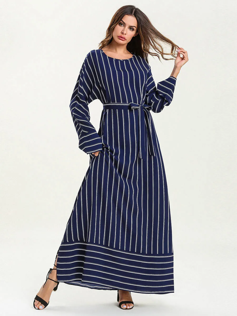 Скромное мусульманское платье с разрезом абайя женский полосатый исламский