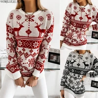 women knitted sweater long sleeve round neck elk snowflake christmas jacquard loose casual pullover tops autumn winter fashion