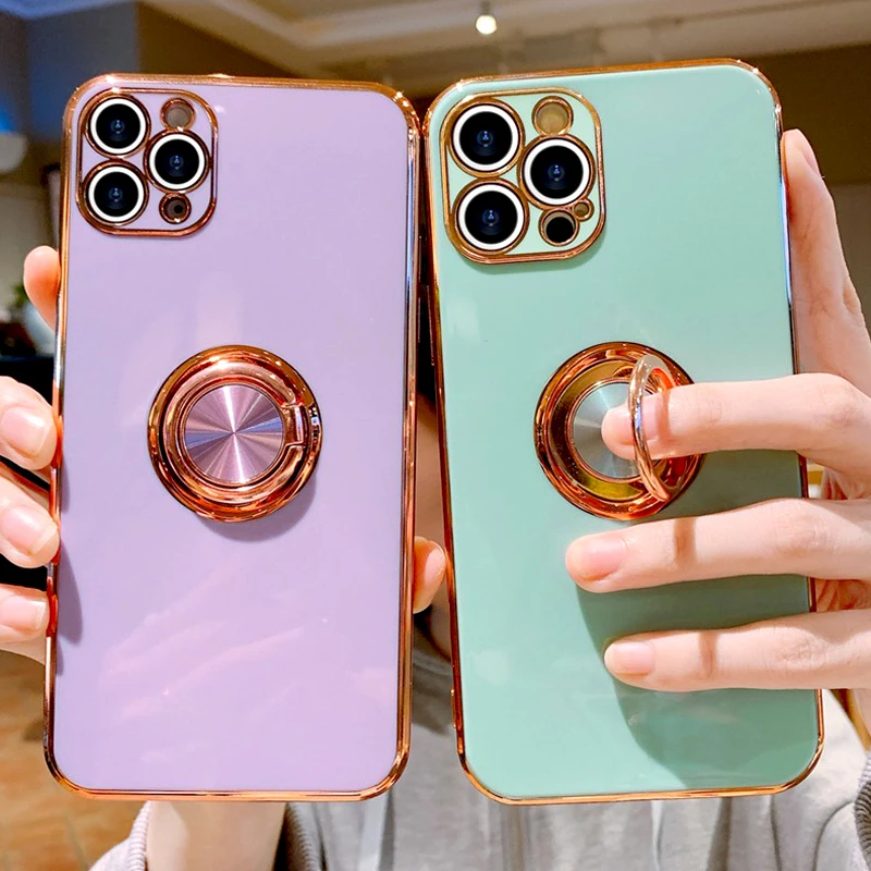 

Luxury Plating TPU,Cover,Case For iPhone 12 11 Pro Max Mini XS XR X S R 7 8 Plus 7Plus Phone Square Soft Case &Ring Holder Stand