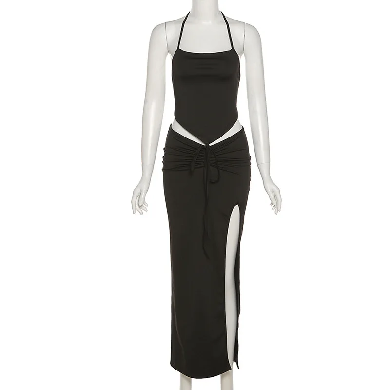 

BOOFEENAA Sexy Women Clothing 2 Pieces Set High Split Long Dress Suit Birthday Party Vacation Outfits Maxi Skirt Sets C83-CZ26
