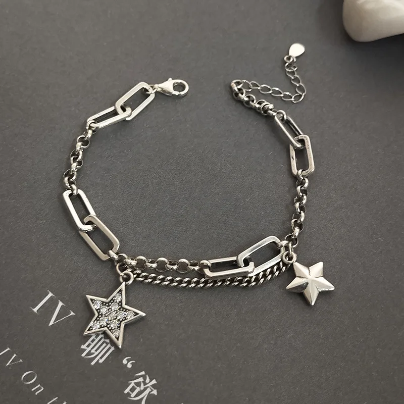

925 Sterling Silver Charm Bracelet &Bangle for Women Couples Vintage Simple Stars Zircon Bracelets Party Jewelry Gift