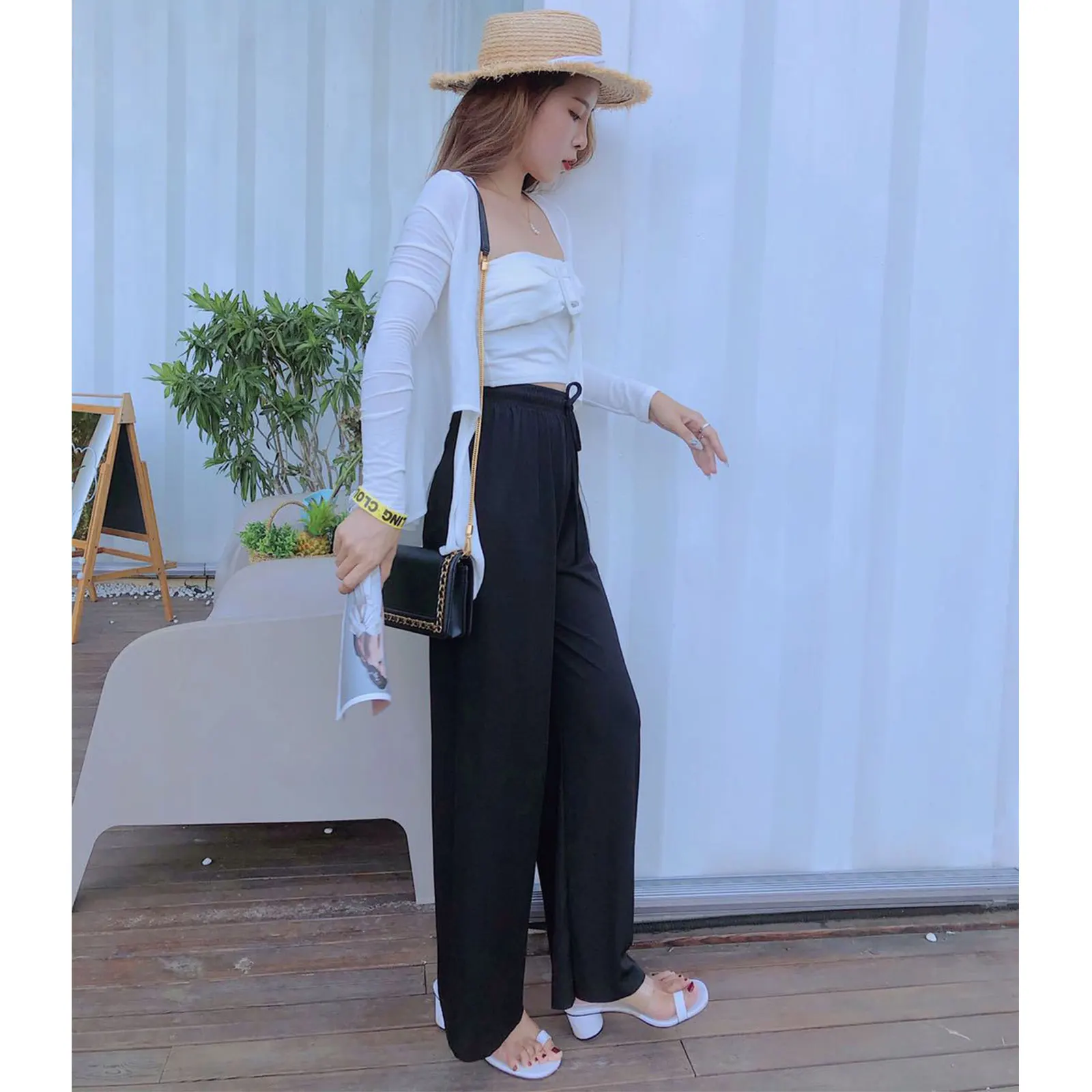 

New style knitted ice silk wide leg pants women high waist drape Korean loose thin section straight casual mopping trousers