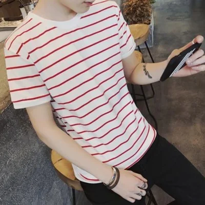 

Men's Gray Striped Short Sleeve T-Shirt Korean Trend Slim Round Collar Student Half Sleeve Shirt Men's Wear