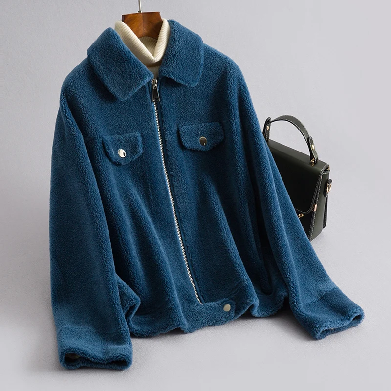 denim blue AYUNSUE Натуральная Овечья шерсть пальто женские шерстяные пальто зимняя куртка женские корейские короткие куртки Chaqueta Mujer MY4039 - Цвет: denim blue