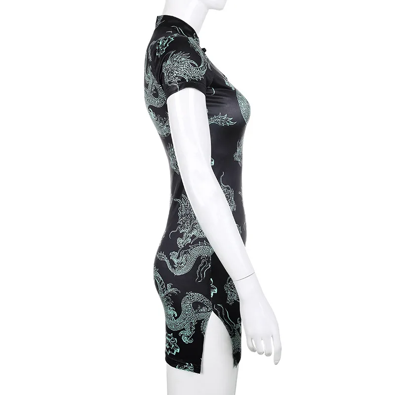 

DeRuiLaDy Vintage Split High Waist Skinny Cheongsam Women's Dress Spring 2021 Female Dresses Sexy Dragon Embroidery Robe