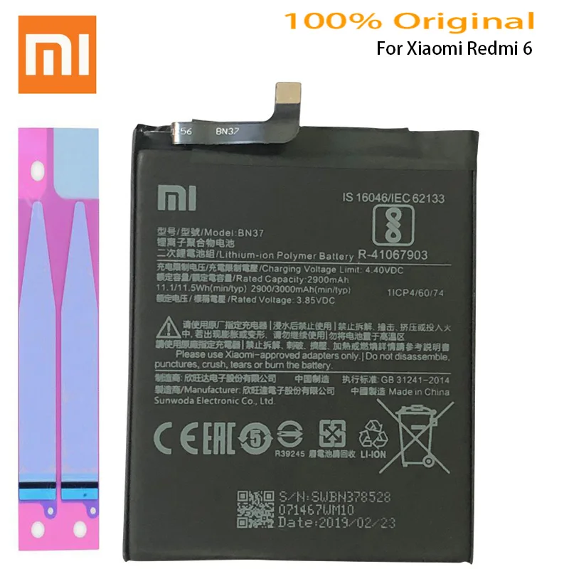 Xiao Mi Оригинальный аккумулятор для телефона BN37 Xiaomi Redmi 6 Hongmi 6A 2900 мАч высокое