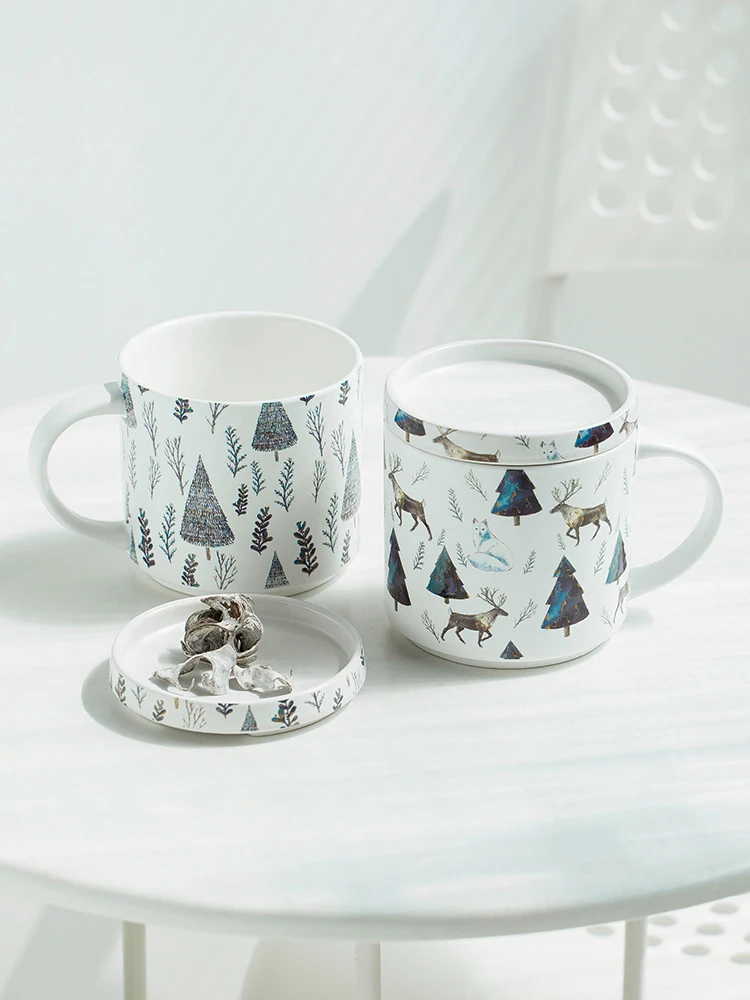 

Christmas Gift Box Ceramic Coffee Mugs With Lid Breakfast Milk Water Drinkware Large Capacity 430ML Europe Cartoon Style