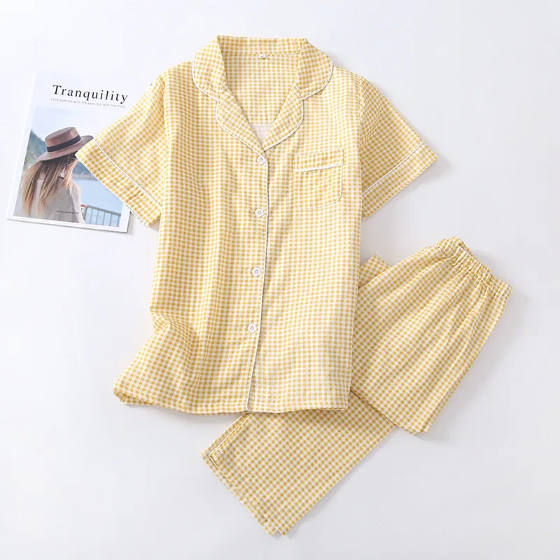 

2020 Summer Flowers Pyjamas Women 100% Gauze Cotton Hot Sale Short Sleeve Trousers Pajamas Sets Women Sleepwear Pijama Mujer