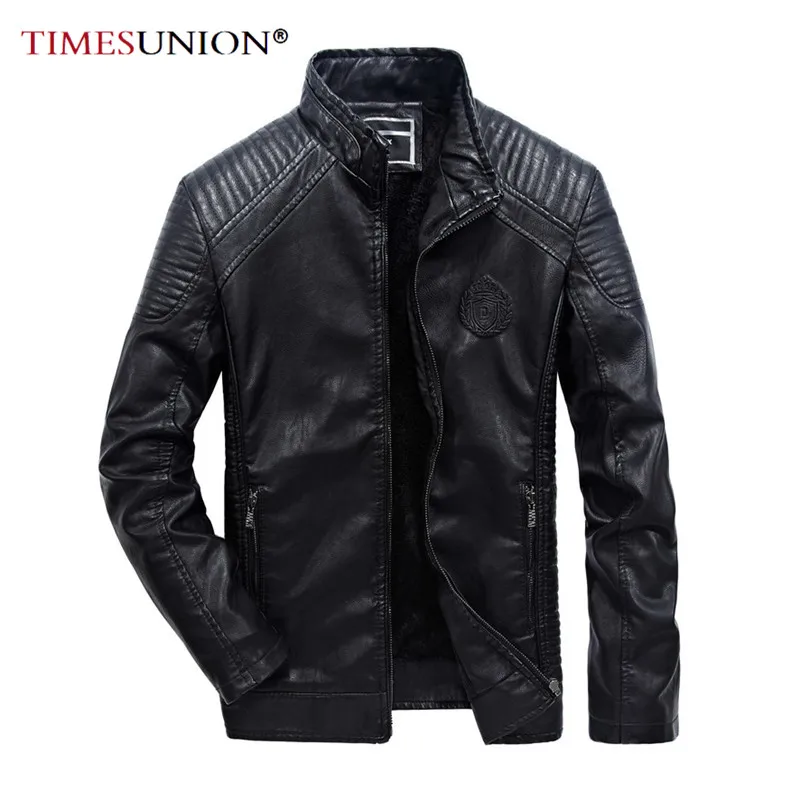 Мужская зимняя кожаная куртка однотонная из искусственной кожи с длинным
