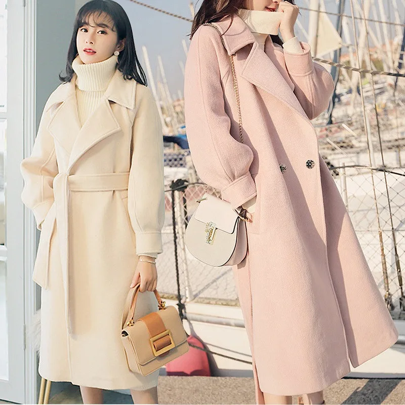 Женское длинное шерстяное пальто свободного размера плюс элегантное в Корейском