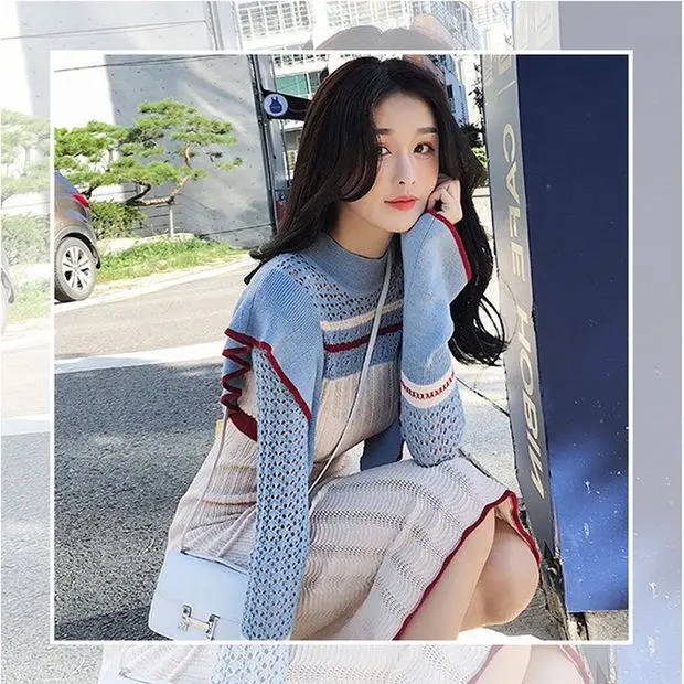 

One-Piece Woman Stitching Color Dress 2021 New Autumn Long Sleeve Slim Woman Sweater Dresses Knitted Vintage Elegant Midi Dress