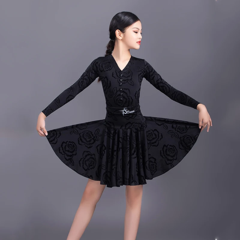 

Girls Latin Dance Dress Black Long Sleeve Practice Dress Chacha Salsa Ballroom Latin Dance Wear Latin Competition Dress SL3949