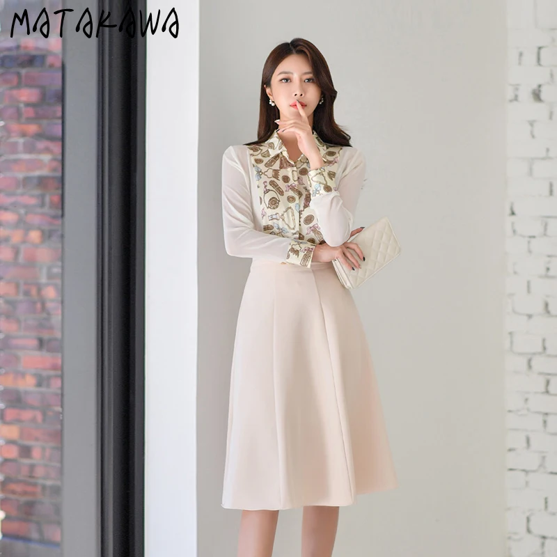 Matakawa Skirt Suits Korean Fashion Vintage Elegant Print Patchwork Shirts + High Waist Slim Swing Faldas Largas Women Sets |