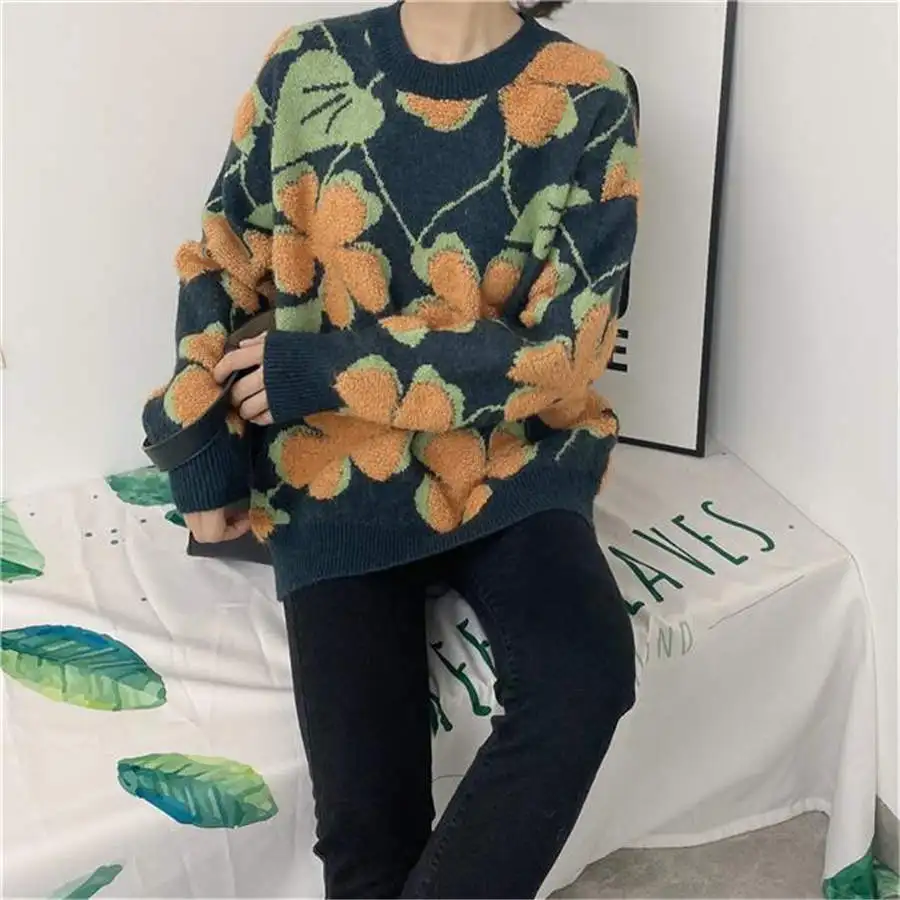 

Autumn Winter Jacquard Sweater Knitting Loose Long Sleeve O-Neck Fashion Korean Women Jumper Tops TT0559
