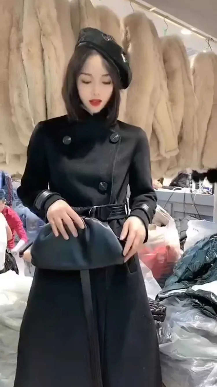 

2020 New Double-side Water Ripple Autumn Winter Chic Wool Blends Office Lady A Line Turtleneck Belt Elegant Woolen Jacket Coats