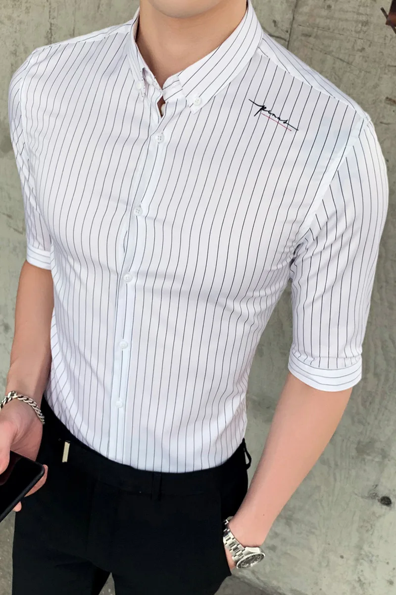 

Striped Mens Summer Dress Shirts Half Sleeve Casual Business Shirts Slim Fit Streetwear Social Blusa Masculina Chemise Homme