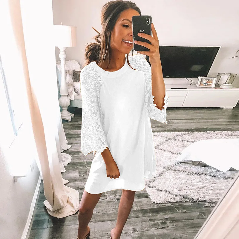 

Sexy Knee-Length Party Dresse Split Long Sleeve Autumn Elegant Dress Pure color mesh lace button round neck 3/4 sleeve dress