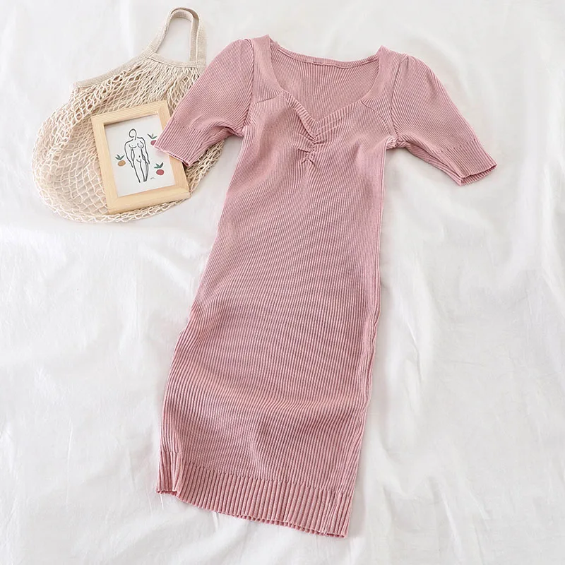 OCEANLOVE 2020 Bodycon Dress Solid Short Sleeve Knitted Stretch Sexy Dresses Women Spring Summer Vestidos Slim Korean 13914 | Женская