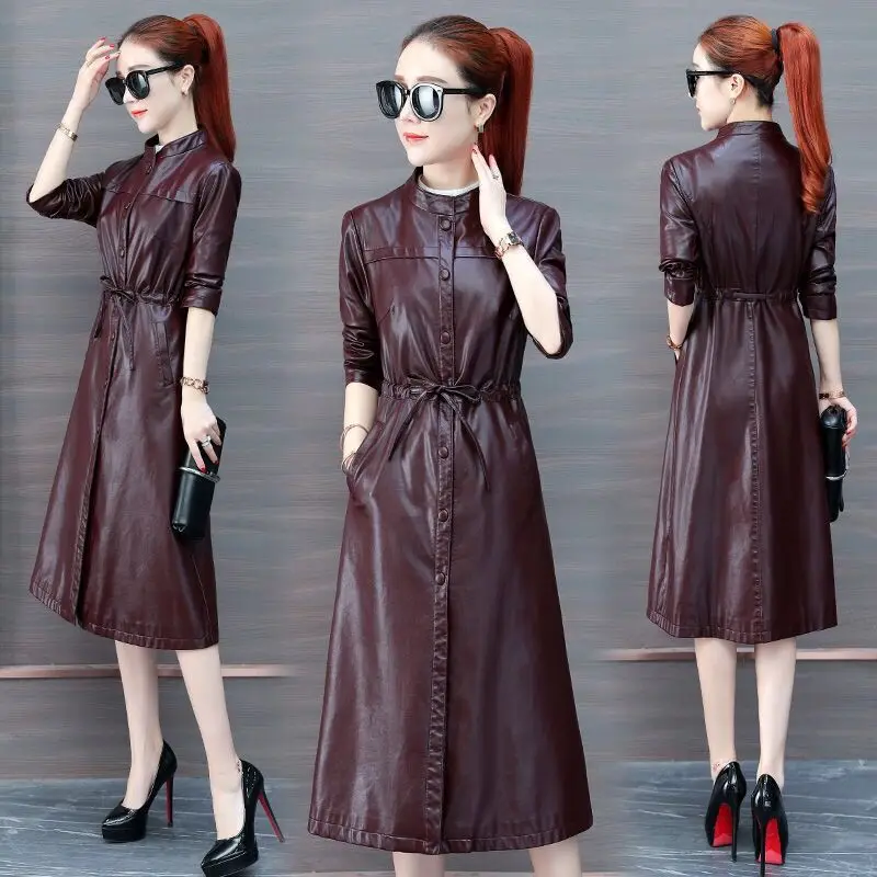 Vangull leather кожаная куртка женская мода тонкий ремень Длинная женская куртка PU мотоциклетная осенне-зимняя верхняя одежда шикарное пальто - Цвет: Коричневый