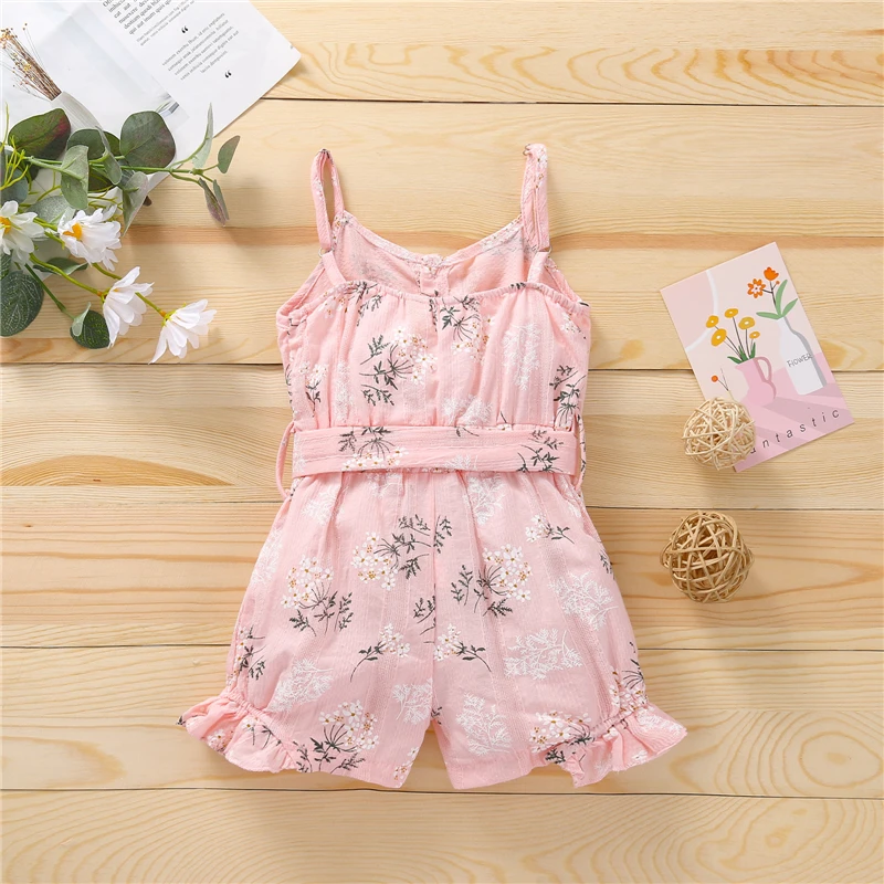 

New Arrival Baby Girls Jumpsuit Infant Summer Creative Floral Plant Printing Sleeveless Suspender Romper with Belt Clothing