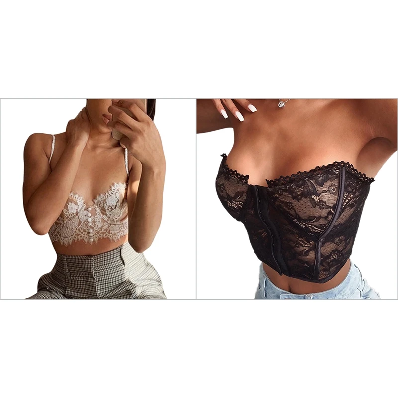

Hot kf-2PCS Backless Lace Camisole Women Backless Crop Top White L with Women's Side Slim Tunic Waist I-Shaped Tank Top Black L