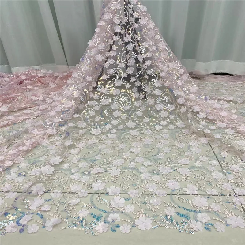 

2021 pink Nigerian Net Mesh Tulle Lace 3D Flower Top Selling Sequins Lace Fabrics Nigerian Lace Fabrics For Dress