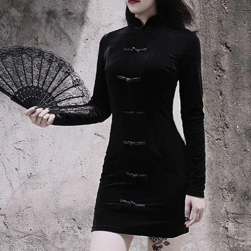 Gothic Black Chinese Cheongsam Dress Women Velvet Long Sleeve Sheath Button Up Slim Sexy Punk Elegant Back Zip Dresses 2019 Fall | Женская