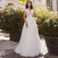 gorgeous v neck a line wedding dress 2021 high quality lace appliques sweep train cap sleeveless tulle bridal gowns