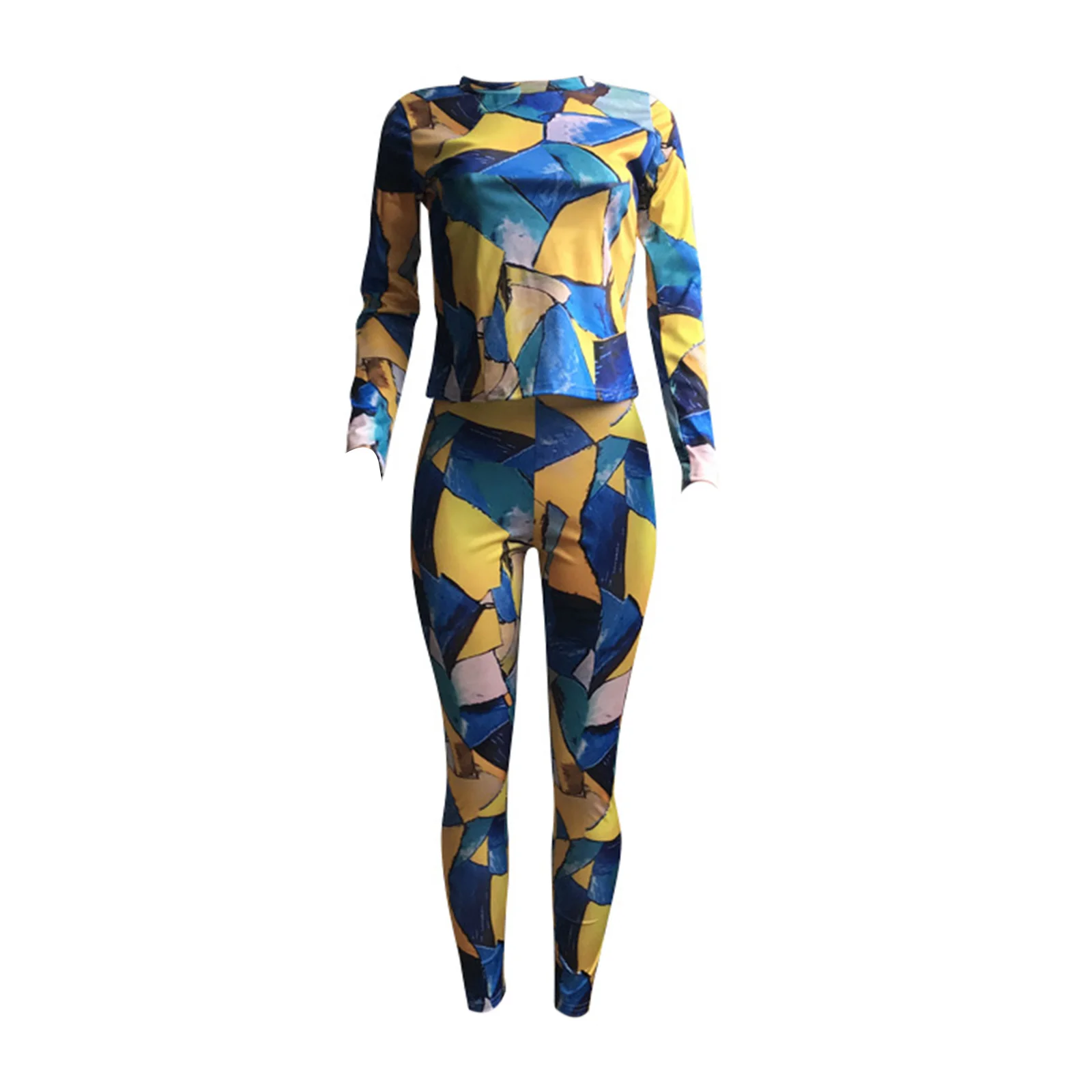 

Women Plus Size Printed 2 Pcs Sets Color Block Round Neck Long Sleeve Shirts and Pants Suits