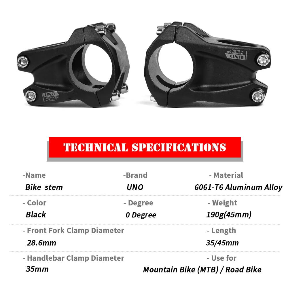 Шток велосипеда UNO MTB 35 мм зажим 0 градусов шток 35/45 короткий стопор высокопрочный