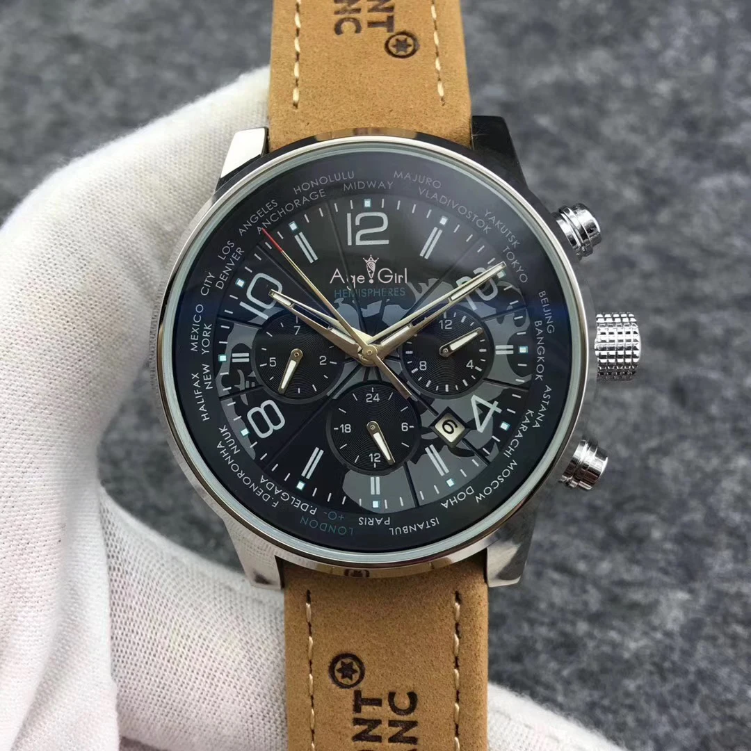 

Classic Men Automatic Mechanical Watches Stainless Steel Brown Leather Luminous Calendar Sapphire World Map Limited AAA+