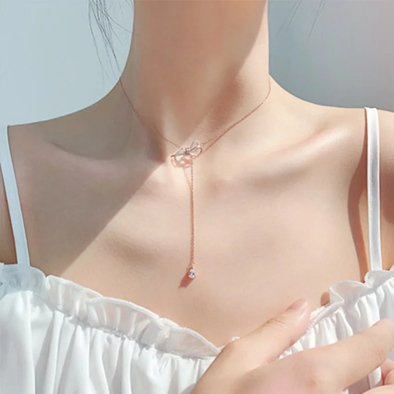 Хит продаж ожерелье с бахромой и бантом Женская Золотая короткая цепочка до