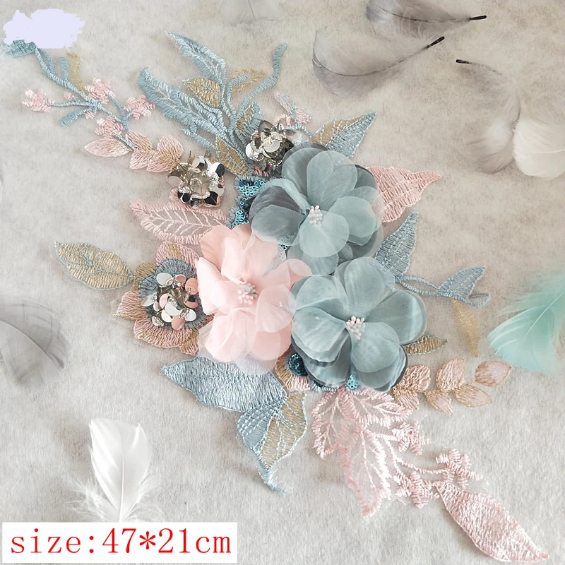 

3D flower LACE 3pieces HandMade Embroidery LACE Fabric 47*21cm for wedding dress decoration DIY accessories decoration