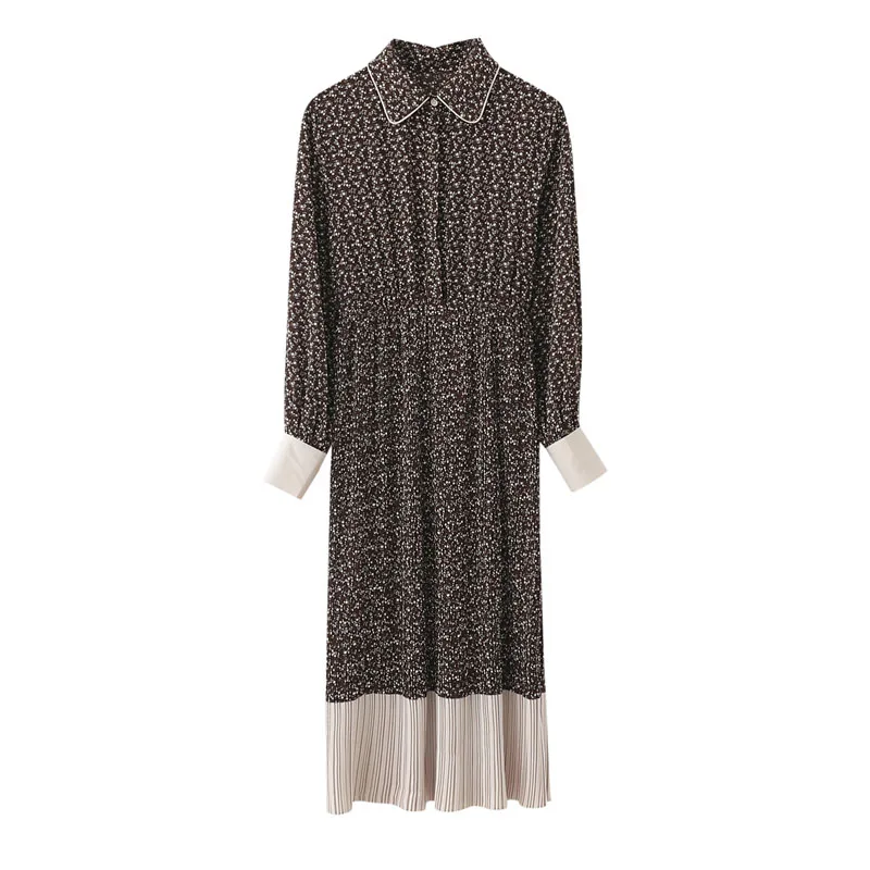 

PERHAPS U Women Khaki Black Bow Collar Floral Print Long Sleeve Pleated A-line Midi Dress Spring Holiday D2327
