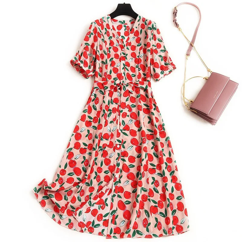 

Summer Casual Print Women Silk Dress 2020 Fashion Single Breasted V-neck Slim Dress Women