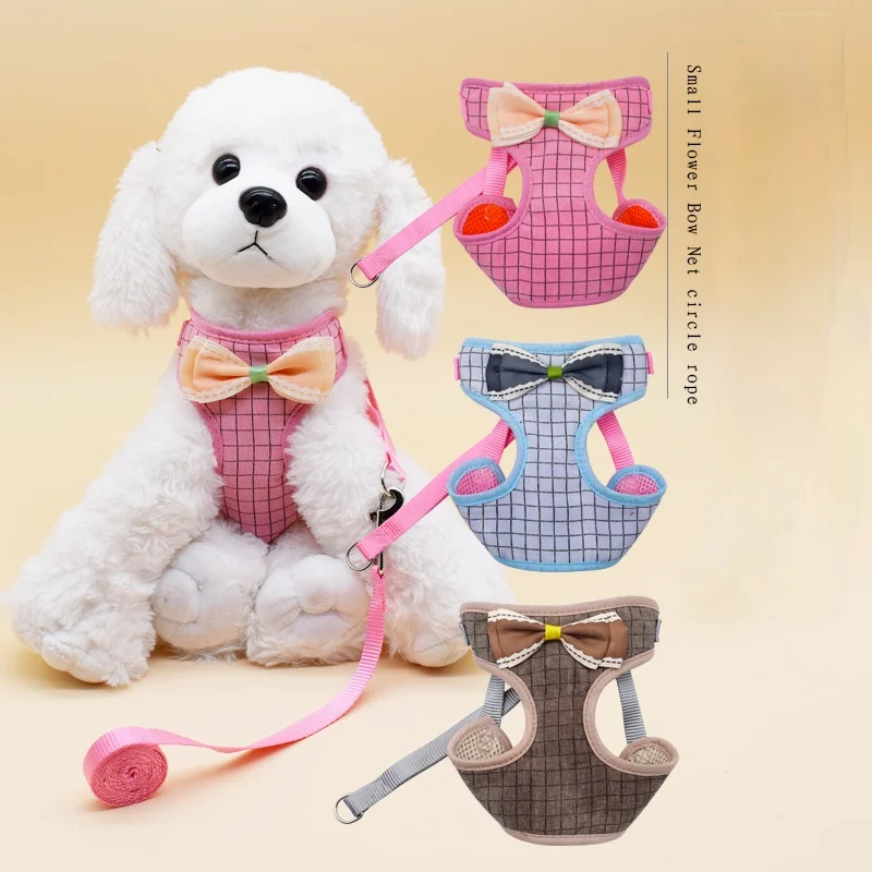 

Soft Pet Dog Cat Harness and Leash Collar Set With Lovely Bow Tie for Small Medium Pet Outdoor Walking Pet Supplies